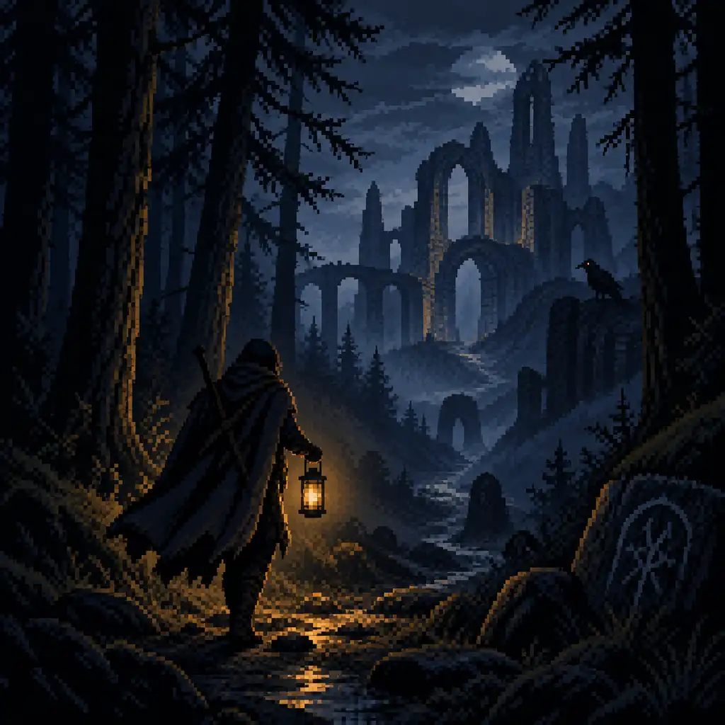 Pixel-art przedstawiający zwiadowcę z latarnią idącego przez ciemny las w kierunku ruin