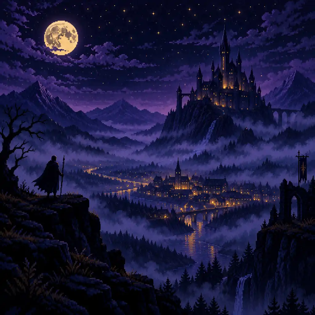 Pixel-art przedstawiający mroczny krajobraz królestwa nocą z zamkiem, mgłą i złotymi światłami osady