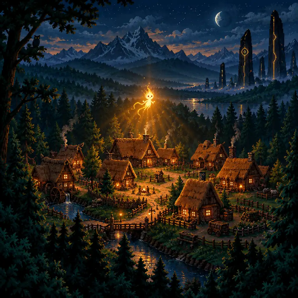 Pixel-artowa osada Dawnfolk nocą, oświetlona złotym światłem Lueur, z ciemnym lasem i obsydianowymi monolitami w tle