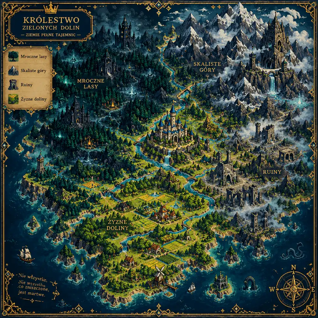 Pixel-artowa mapa królestwa z zaznaczonymi biomami: lasy, góry, ruiny i doliny, stylizowana na starą mapę