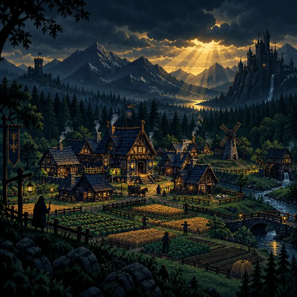 Pixel-art przedstawiający rozwijającą się osadę w mrocznym królestwie z domami, polami i złotym światłem w tle
