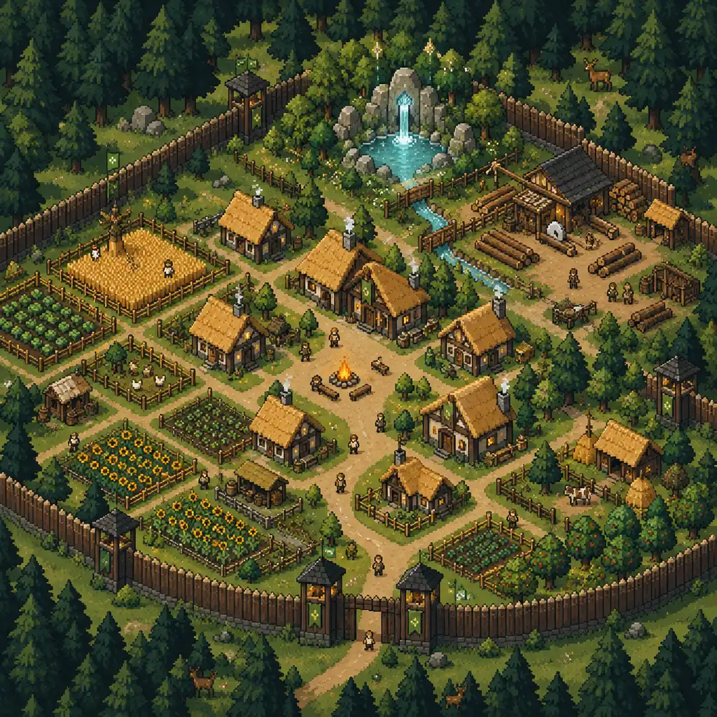 Pixel-art przedstawiający rozwijającą się osadę w stylu Dawnfolk z chatami, polami uprawnymi i źródłem Lueur