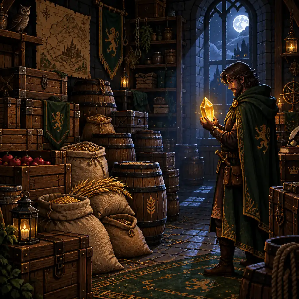 Ilustracja pixel-art przedstawiająca magazyn z zasobami i postać trzymającą złoty kryształ Lueur